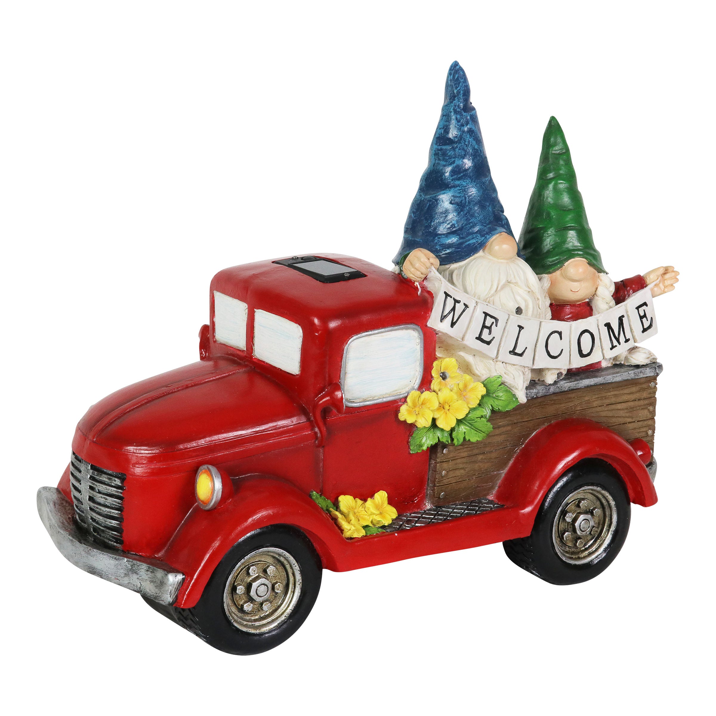 Solar Gnome Couple in Red Retro Truck with LED Welcome Sign Garden Statuary