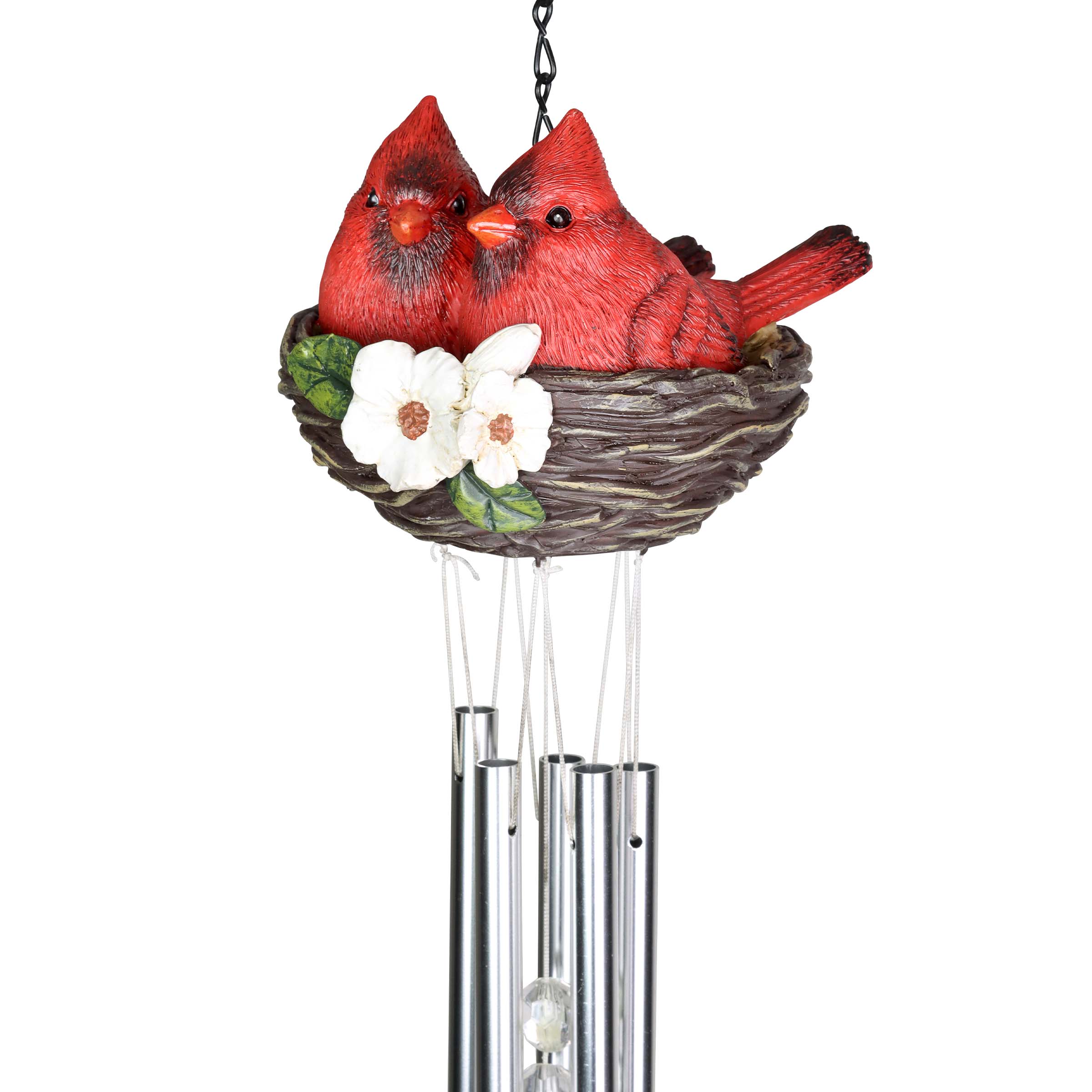 Nesting Cardinals with Flowers Hand Painted Resin Hanging Wind Chime - Thumbnail 2