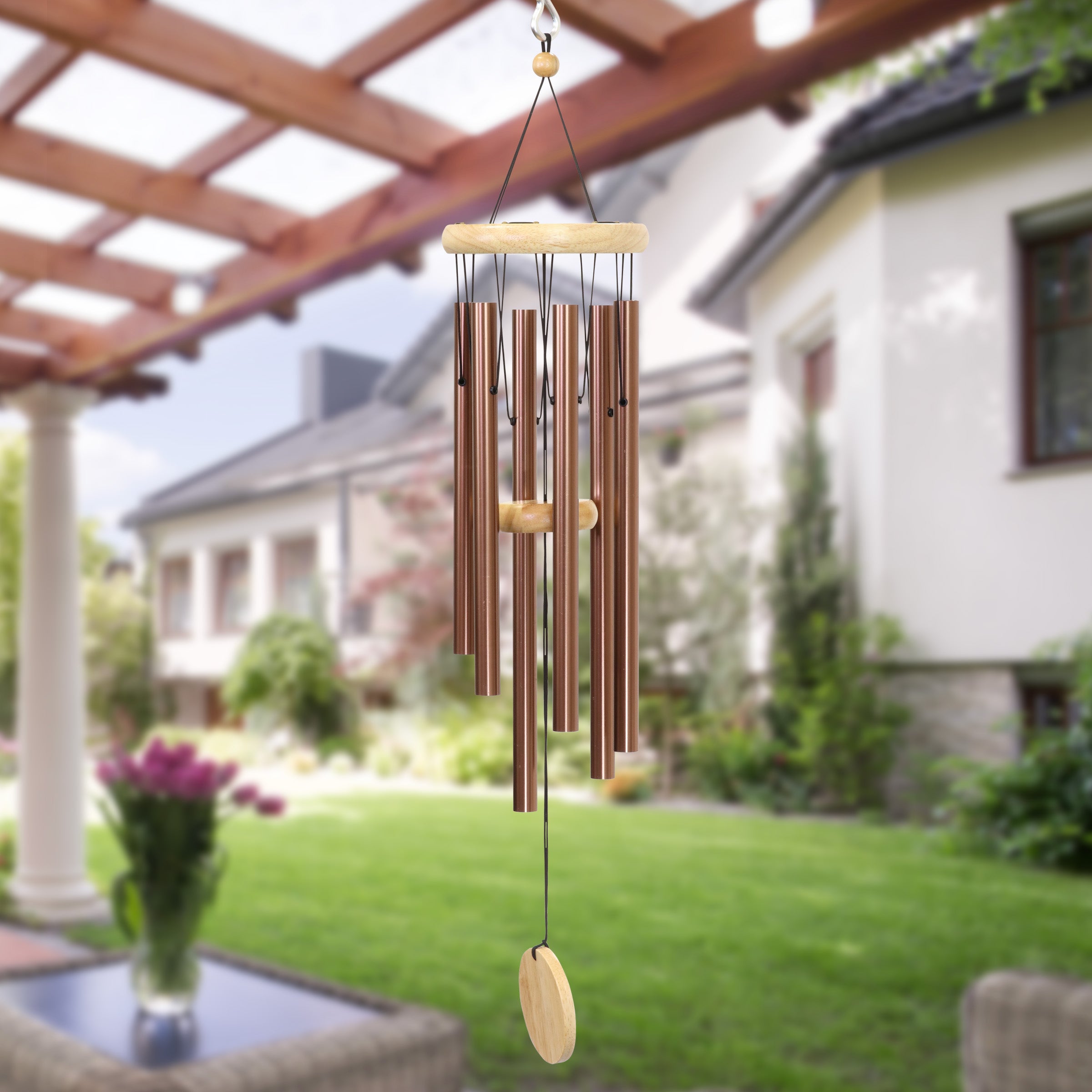 Hand Tuned Bronze Metal Chime with Natural Wood Top and Charm - Thumbnail 4
