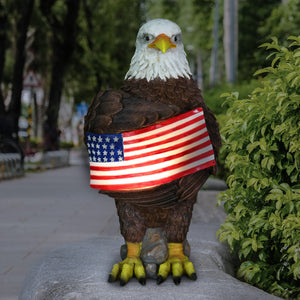 Solar Hand Painted Bald Eagle Garden Statue with Illuminating USA Flag, 7.5 by 12 Inches | Shop Garden Decor by Exhart
