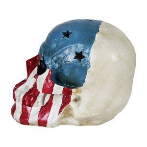 Battery-Operated Skull With USA Flag and Alternating Color LEDs, 8 Inch | Shop Garden Decor by Exhart