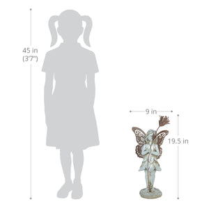 Stone Fairy Right Facing Statue with Metal Wings and Metal Flower, 8.5 by 19 Inch | Shop Garden Decor by Exhart