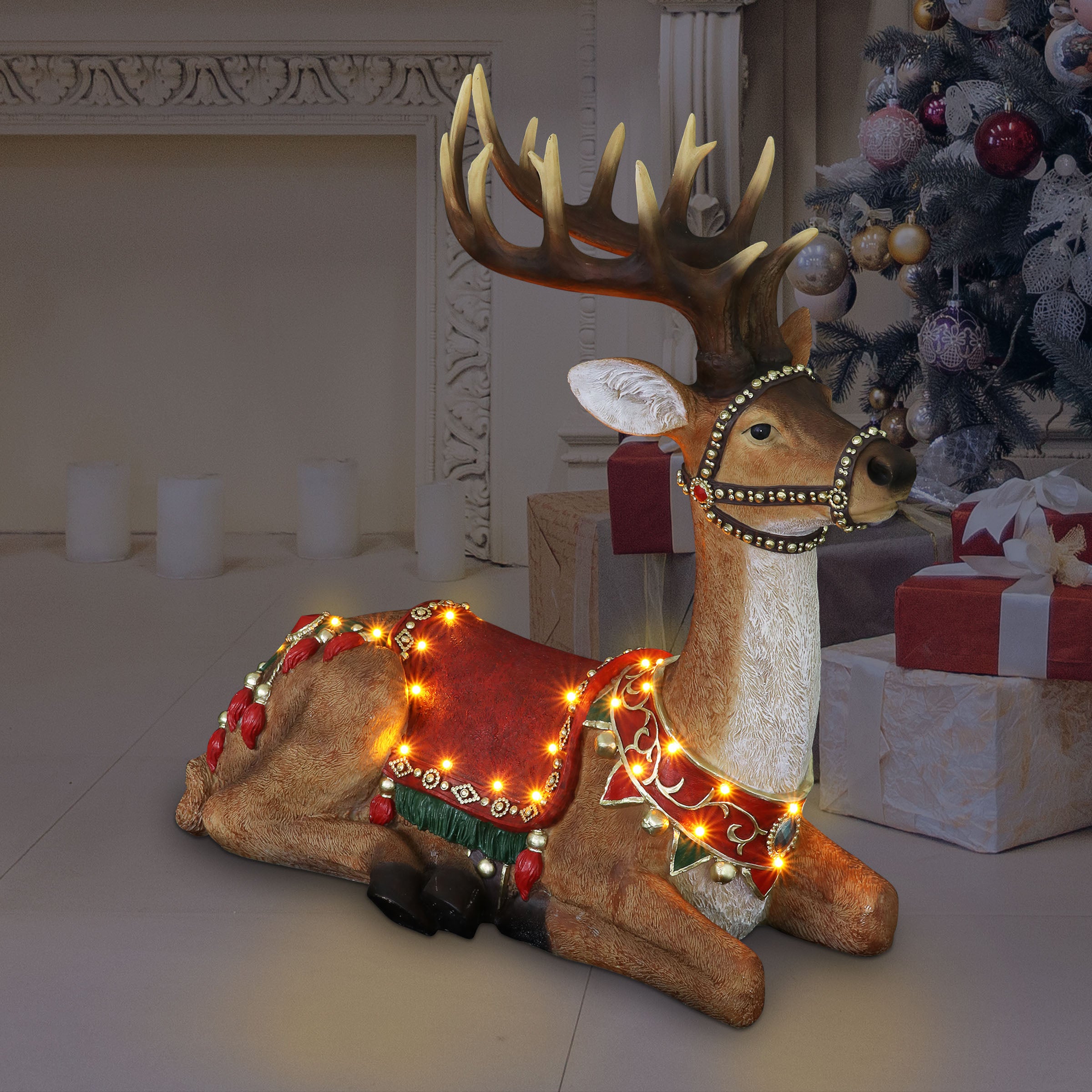 Hand Painted Christmas Reindeer Statue with LED Lights on a Battery Powered Timer - Thumbnail 4