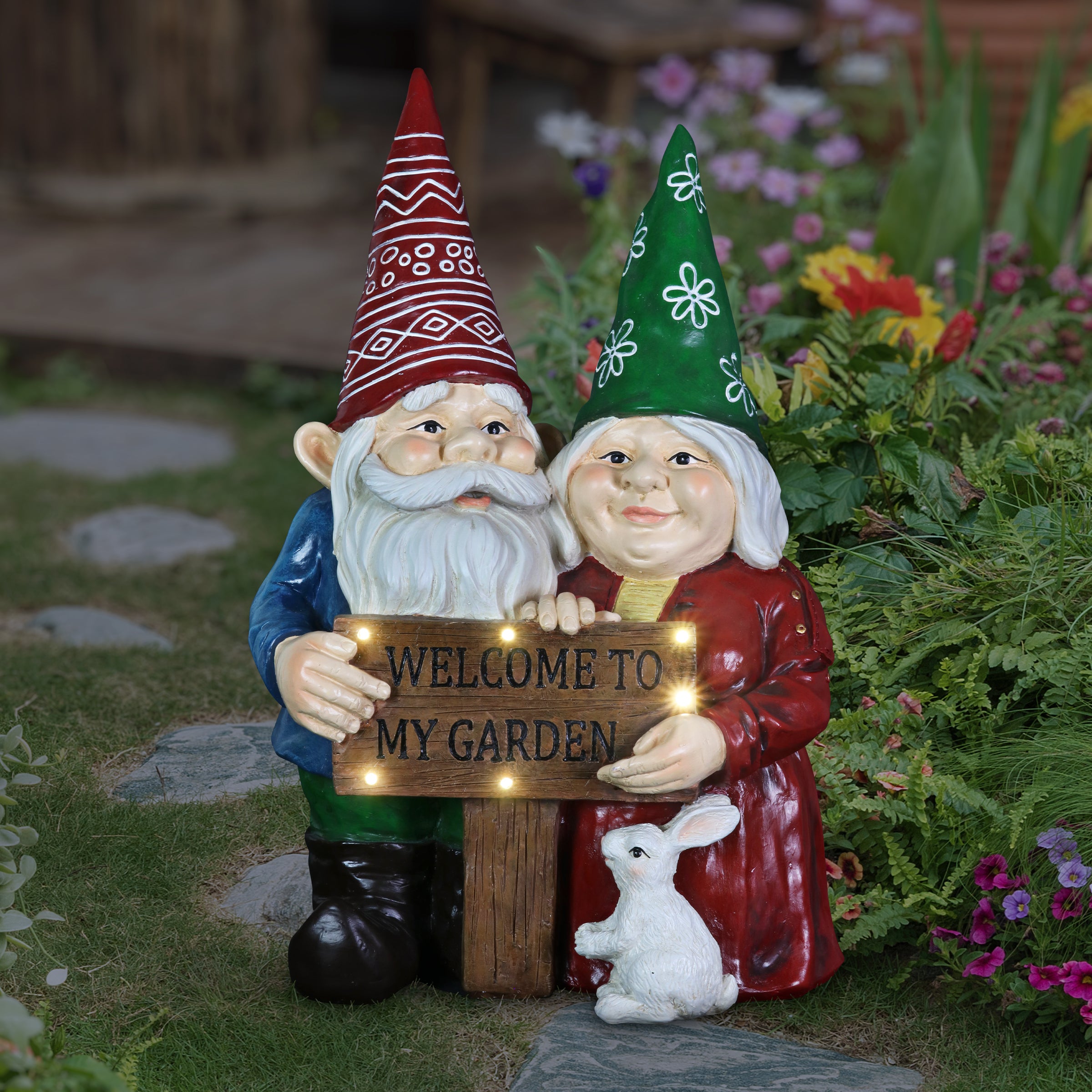Solar Pastel Garden Gnome Couple with LED Welcome Sign Statuary - Thumbnail 2