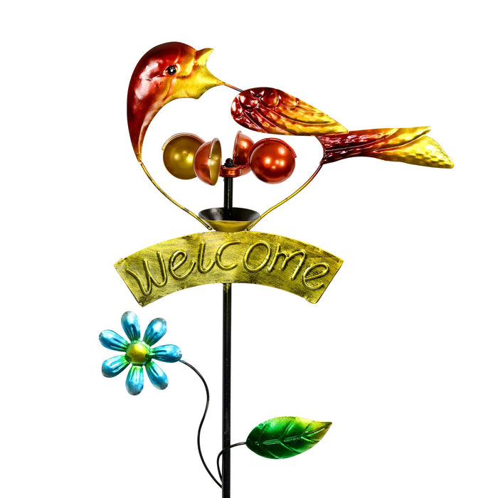 Orange Bird Welcome Sign Garden Stake Hand Painted with Wind Spinner, 11 by 36 Inches