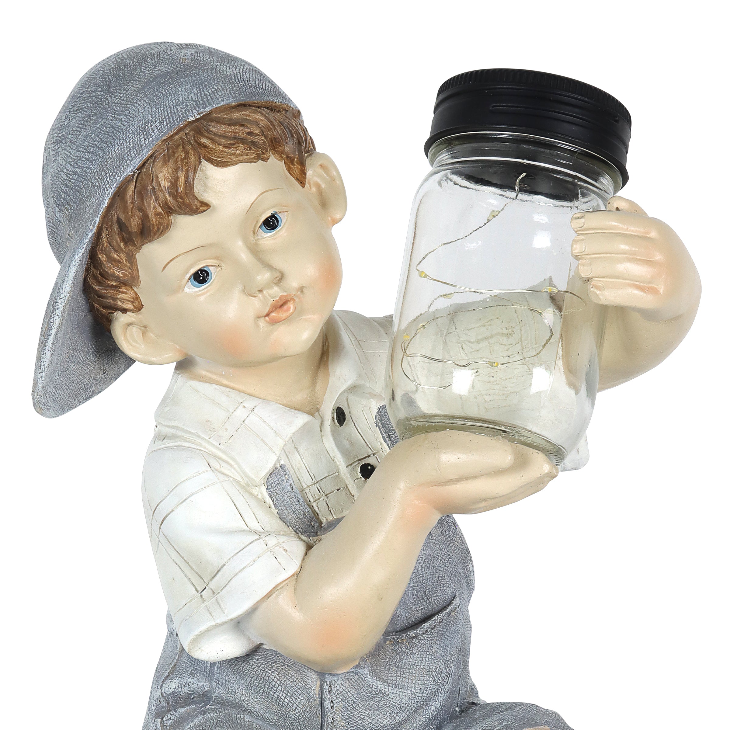 Solar Boy Holding a LED Firefly Jar Garden Statuary - Thumbnail 2