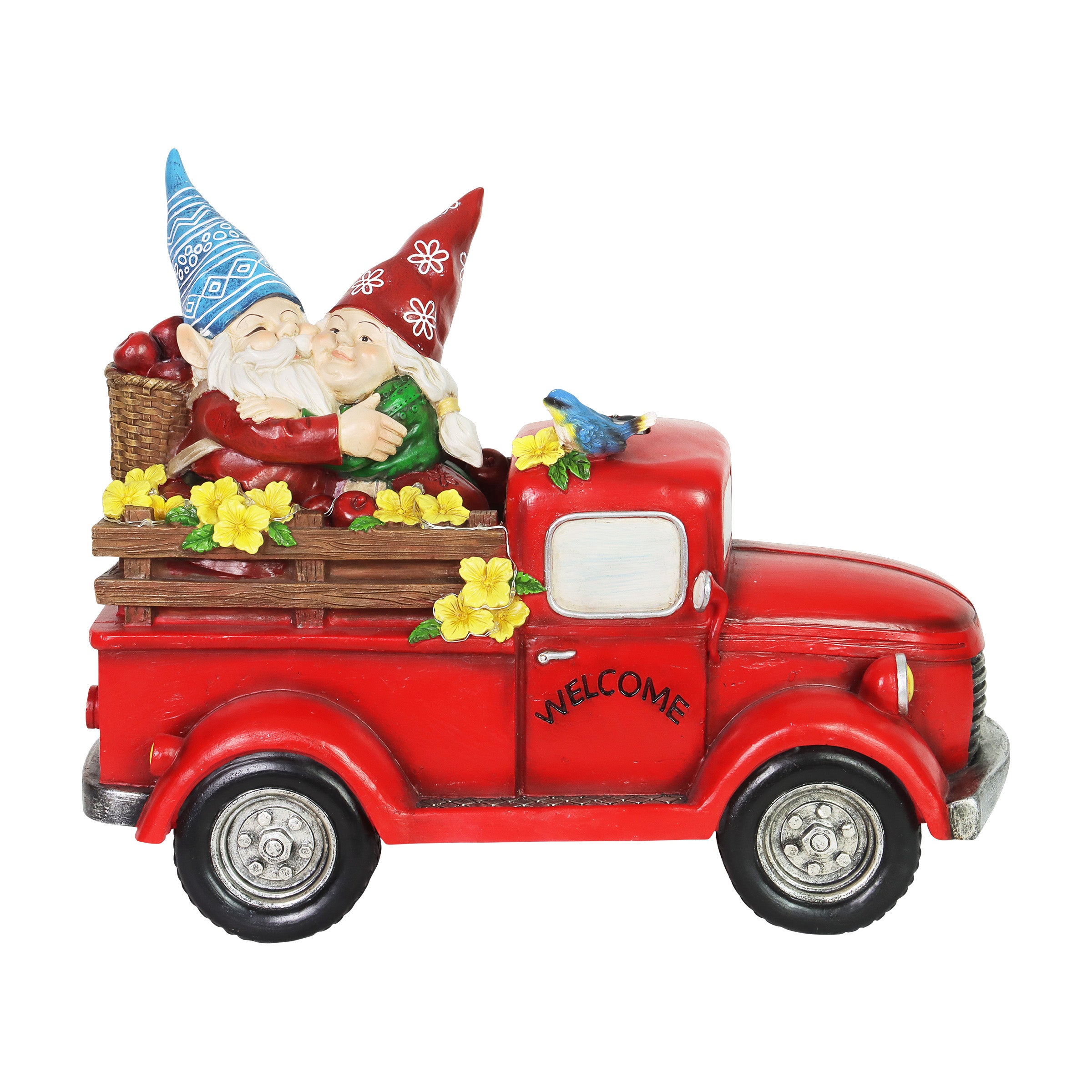 Solar Gnome Couple in Red Retro Truck with LED Welcome Sign Garden Statuary - Thumbnail 5