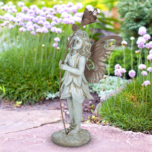 Stone Fairy Right Facing Statue with Metal Wings and Metal Flower, 8.5 by 19 Inch | Shop Garden Decor by Exhart