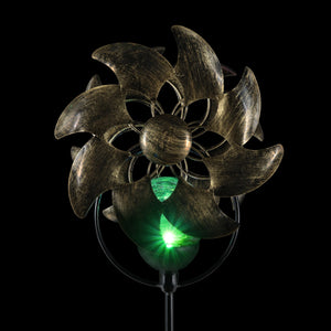 Solar Double Windmill Wind Spinner Garden Stake in a Bronze Finish with Crackle Glass Details, 7 by 43 Inches | Exhart