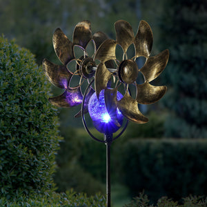 Solar Double Windmill Wind Spinner Garden Stake in a Bronze Finish with Crackle Glass Details, 7 by 43 Inches | Exhart