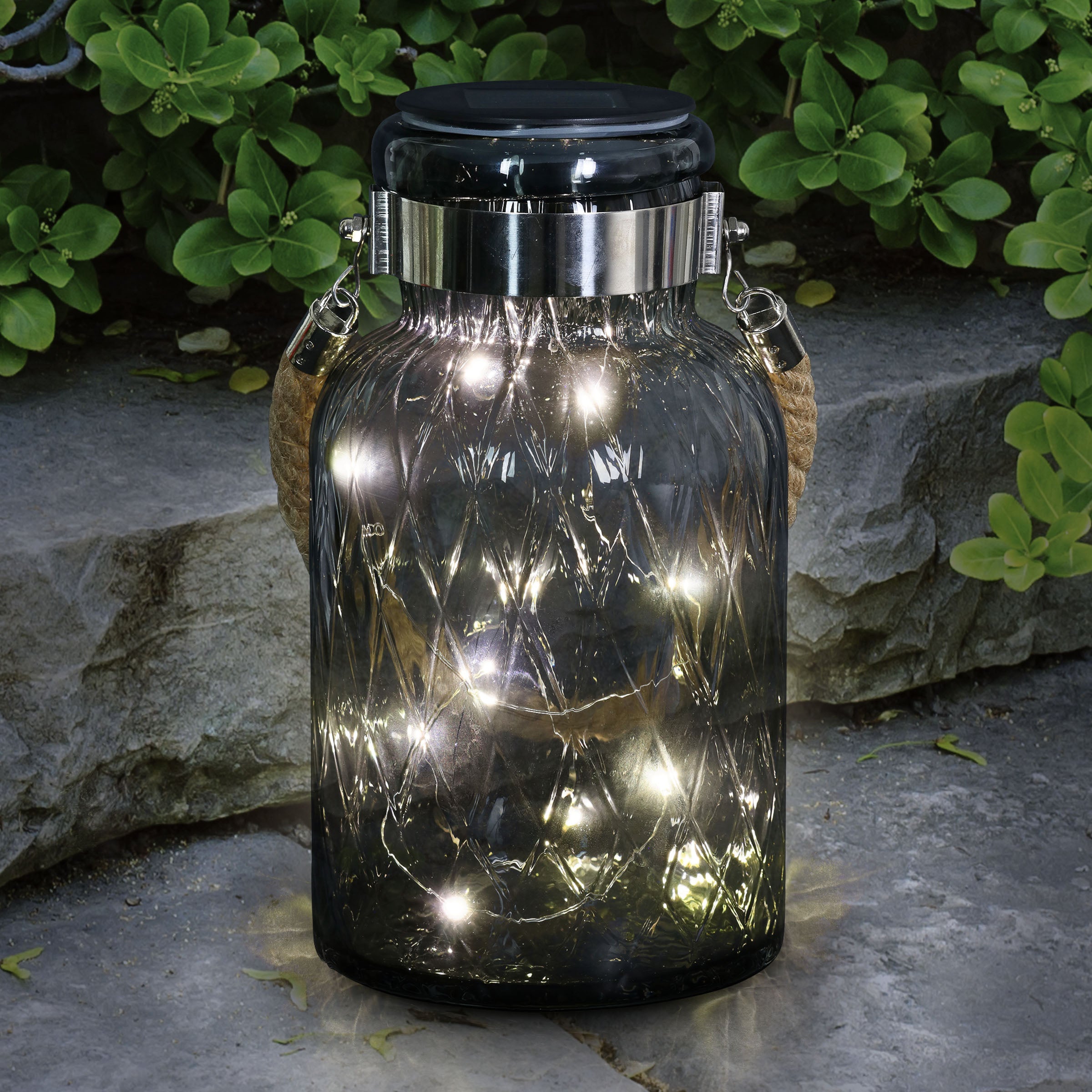 Solar Diamond Glass Accent Lantern with Rope and Twelve LED Lights in Grey, 10.5 Inches - Thumbnail 5