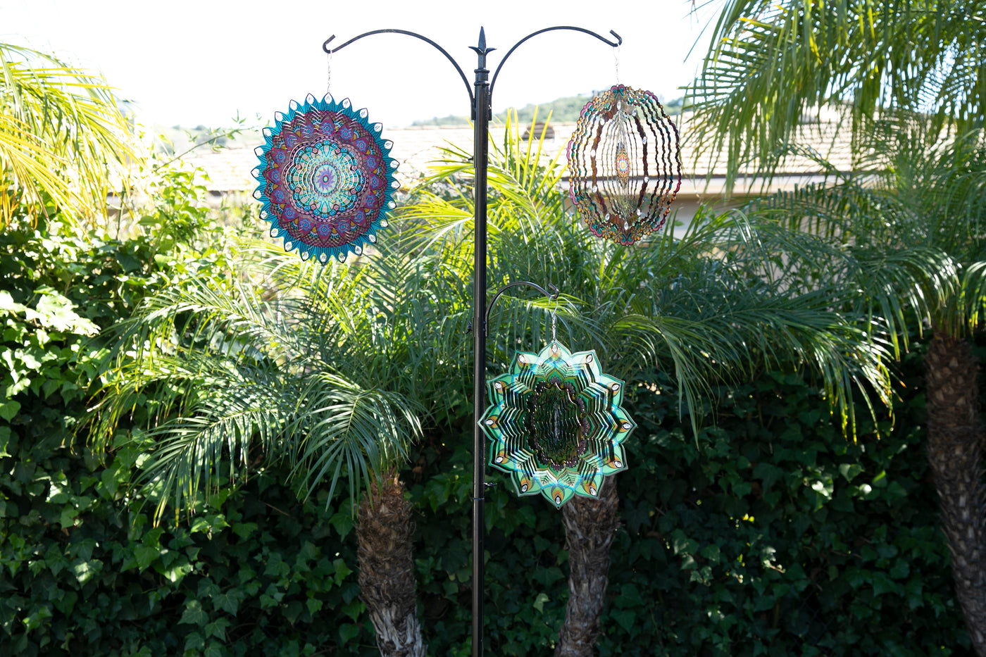 hanging plant spinner Laser Cut Green Metal Hanging Garden Spinner with Beaded Details, 12 Inch