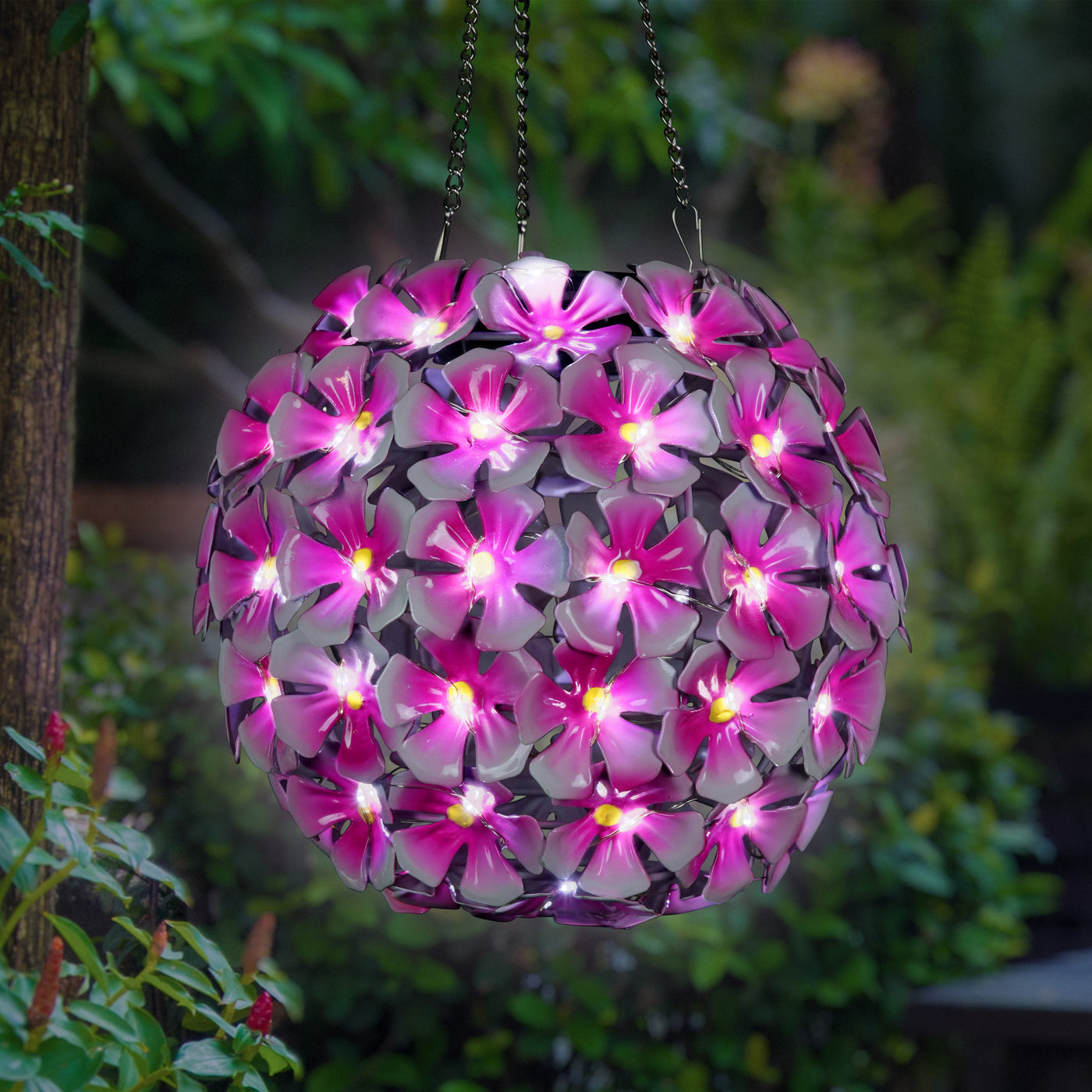 solar hanging plants Solar Hanging Hydrangea Flower Ball Garden Décor in Pink with Seventy LED lights, 8 by 26 Inches