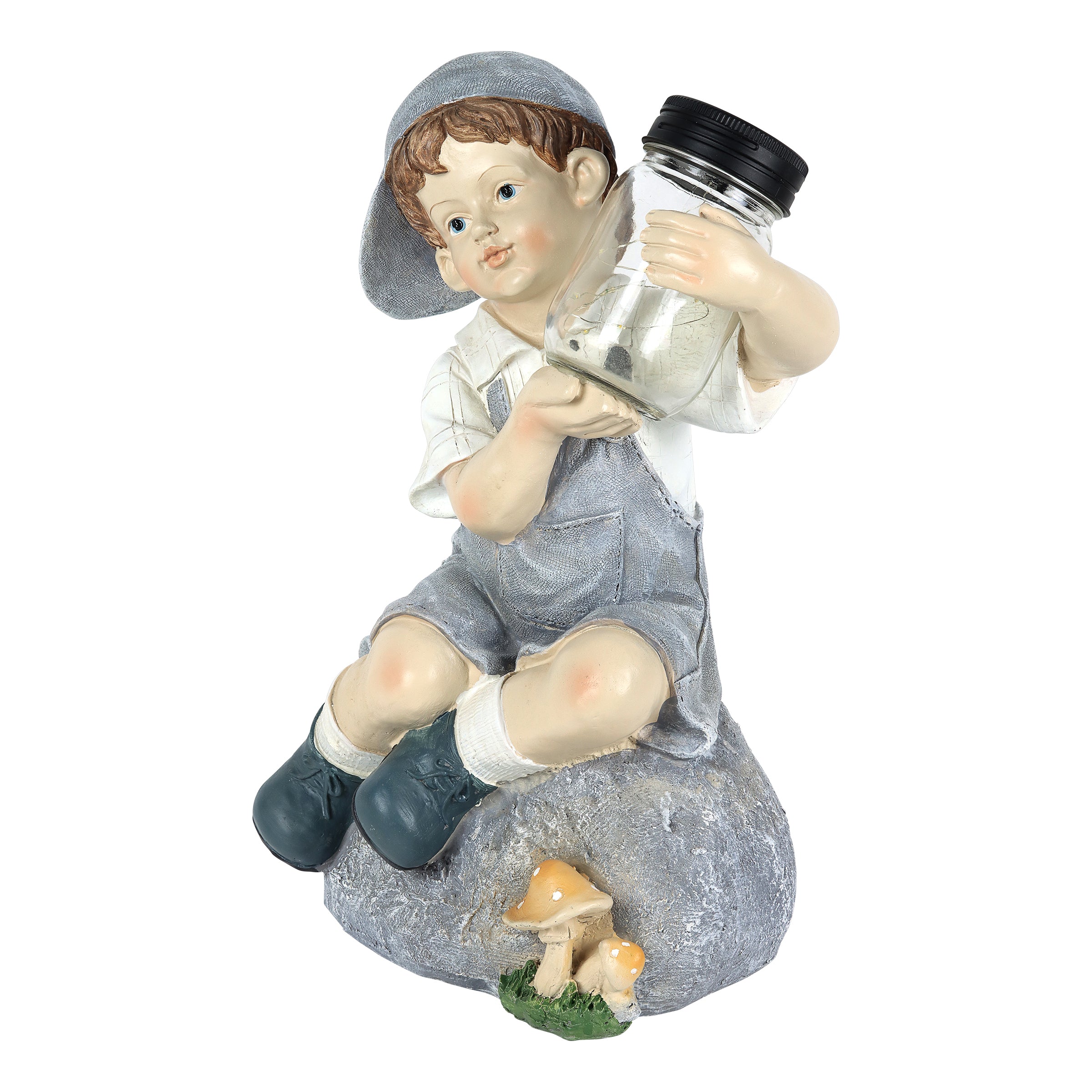 Solar Boy Holding a LED Firefly Jar Garden Statuary