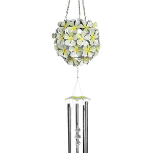 Solar Hanging White Hydrangea Flower Ball Wind Chime with Thirty Eight LED lights, 6 by 27 Inches | Exhart