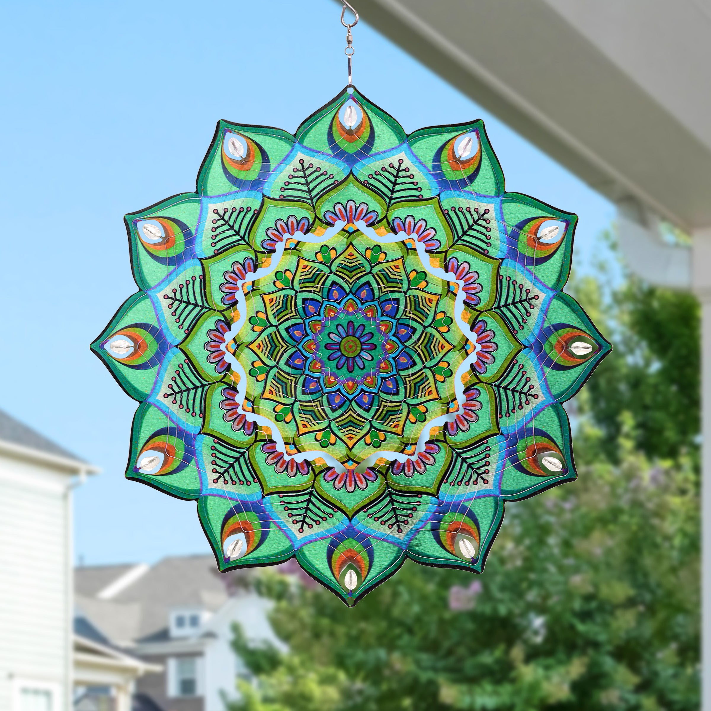 Laser Cut Green Metal Hanging Garden Spinner with Beaded Details - Thumbnail 3