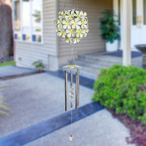 Solar Hanging White Hydrangea Flower Ball Wind Chime with Thirty Eight LED lights, 6 by 27 Inches | Exhart