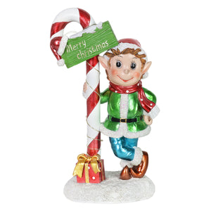 Hand Painted LED Candy Cane Elf Statuary with Merry Christmas Sign on a Battery Powered Timer, 10.5 Inches | Exhart