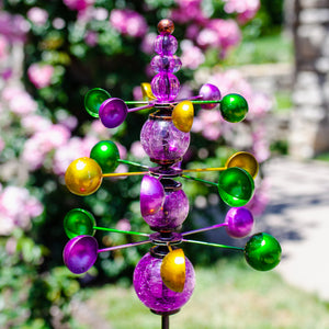 Three Tier Wind Spinner Garden Stake with Glass Crackle Balls in Purple, 14 by 48 Inches | Shop Garden Decor by Exhart