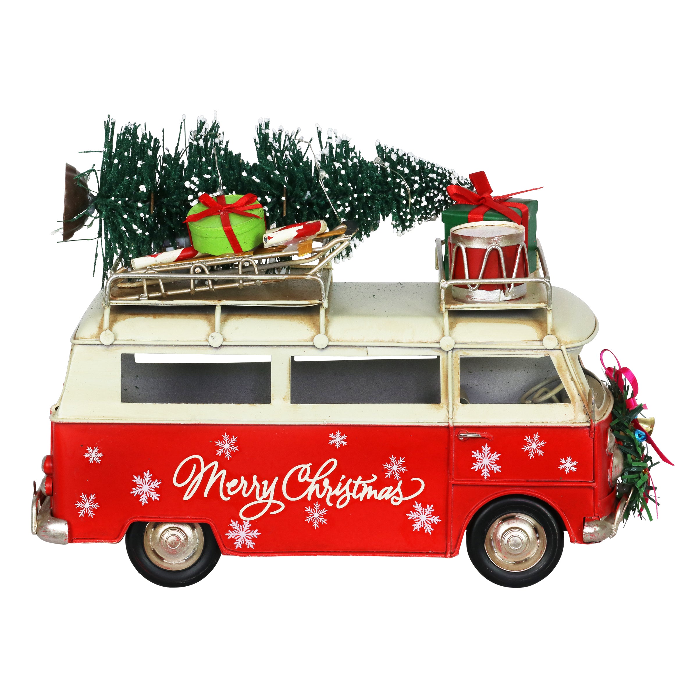 Red Metal Holiday Van with LED Christmas Tree Decor
