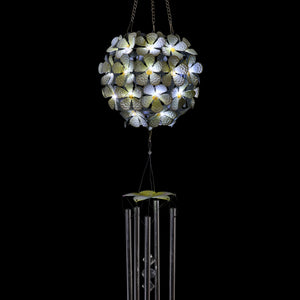 Solar Hanging White Hydrangea Flower Ball Wind Chime with Thirty Eight LED lights, 6 by 27 Inches | Exhart