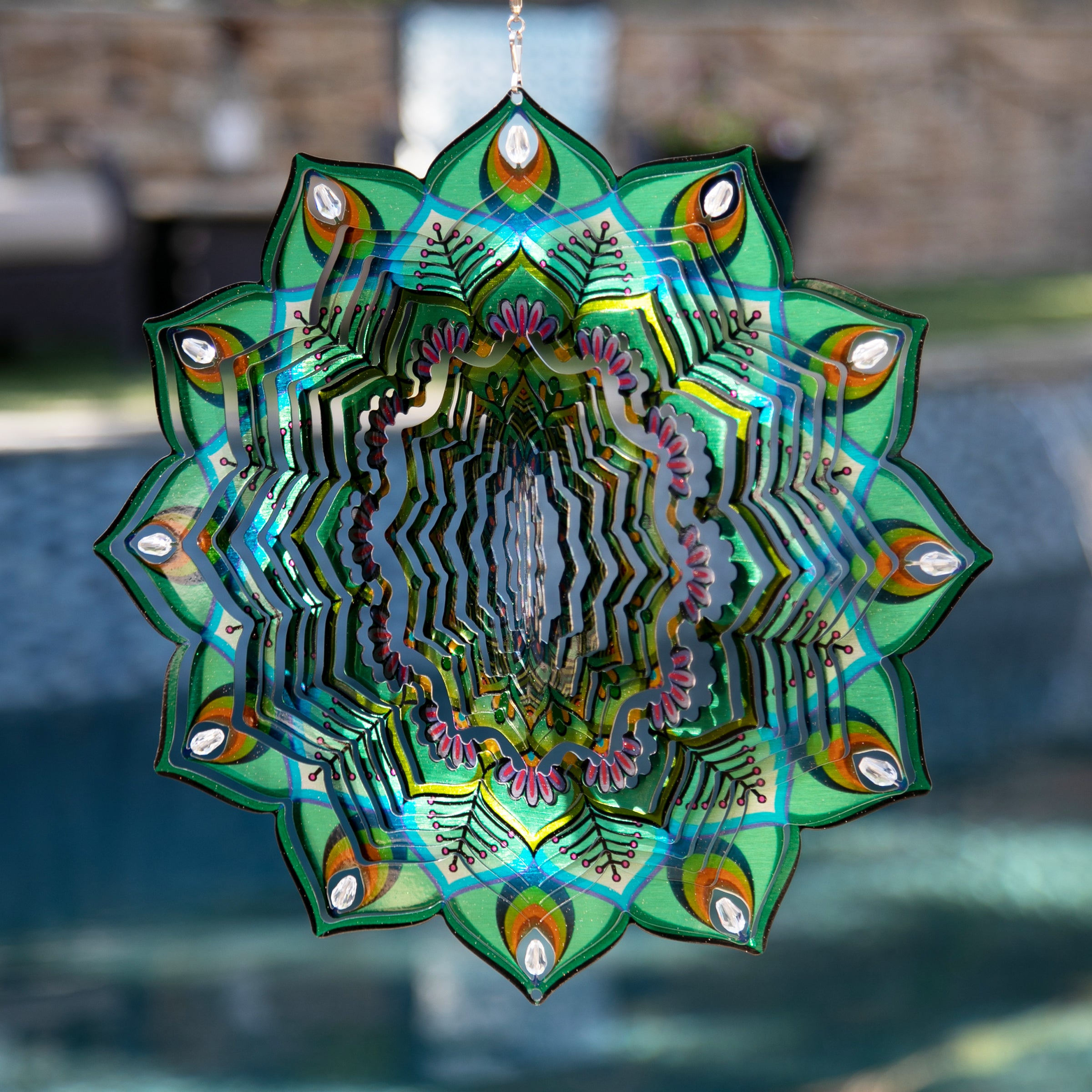 Laser Cut Green Metal Hanging Garden Spinner with Beaded Details - Thumbnail 2