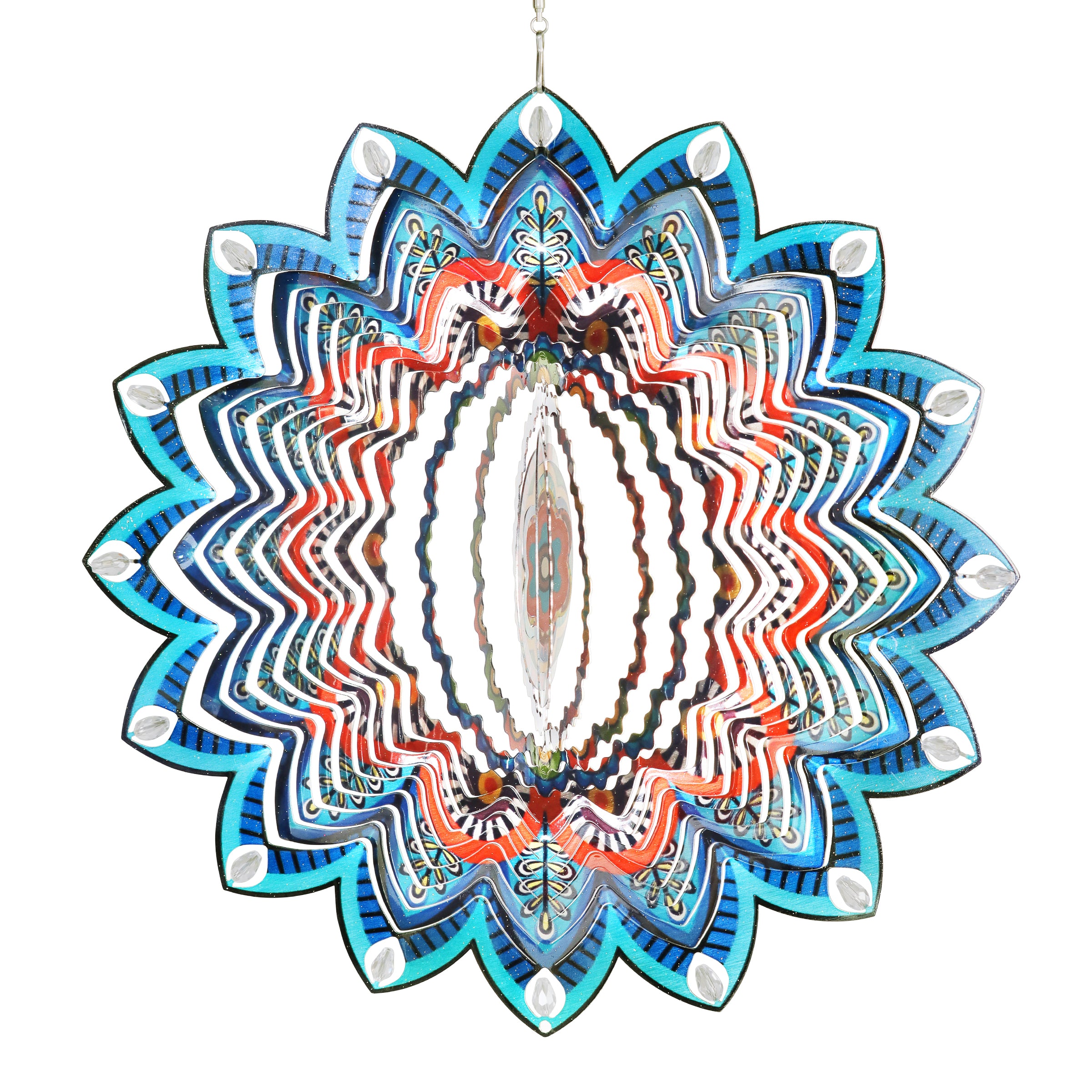 Laser Cut Colorful Metal Mandala Hanging Spinner with Beaded Details - Thumbnail 2