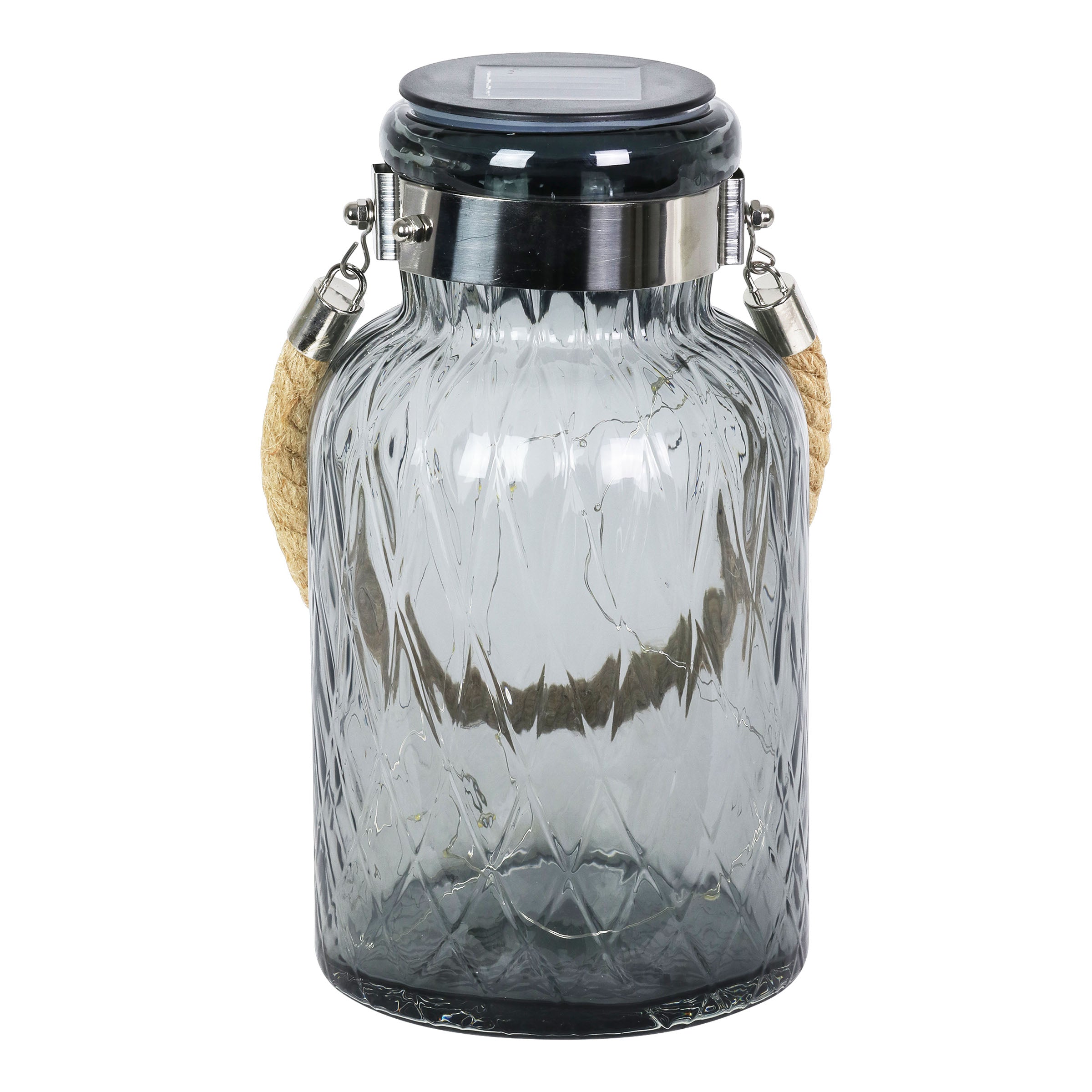 Solar Diamond Glass Accent Lantern with Rope and Twelve LED Lights in Grey, 10.5 Inches - Thumbnail 2