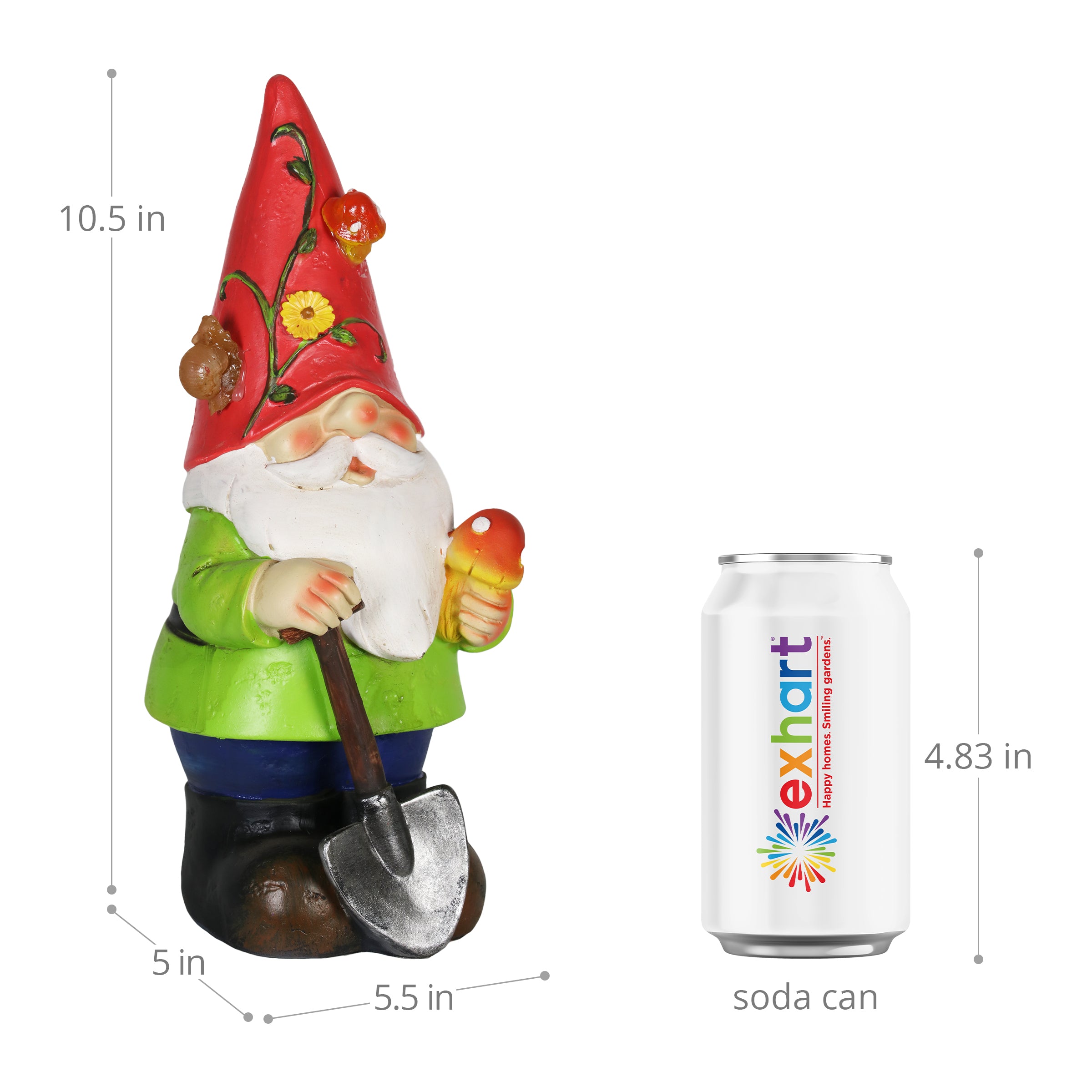 Solar Red Hat Roy Garden Gnome Statue with Shovel, 10 Inch | Shop Garden Decor by Exhart