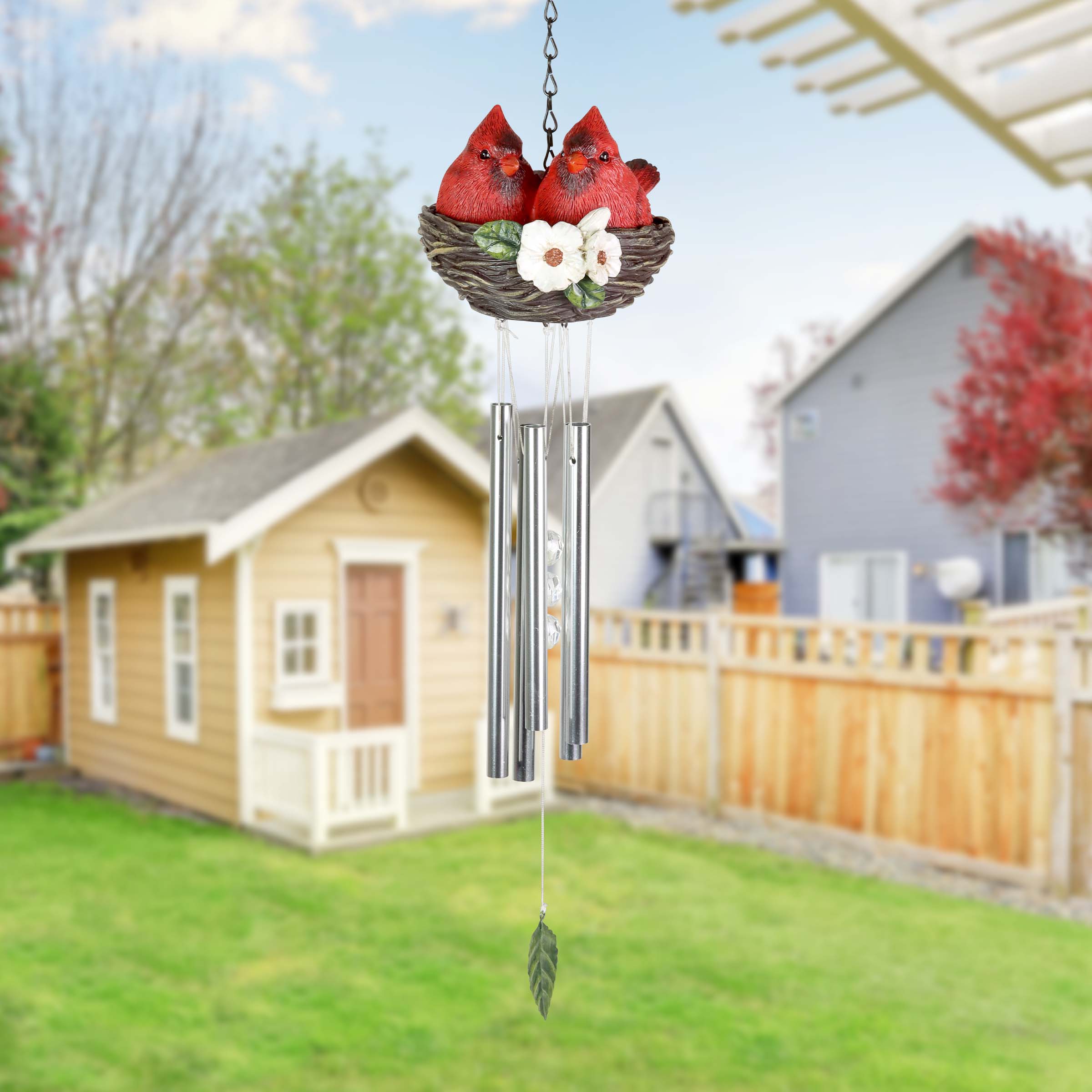 Nesting Cardinals with Flowers Hand Painted Resin Hanging Wind Chime - Thumbnail 4