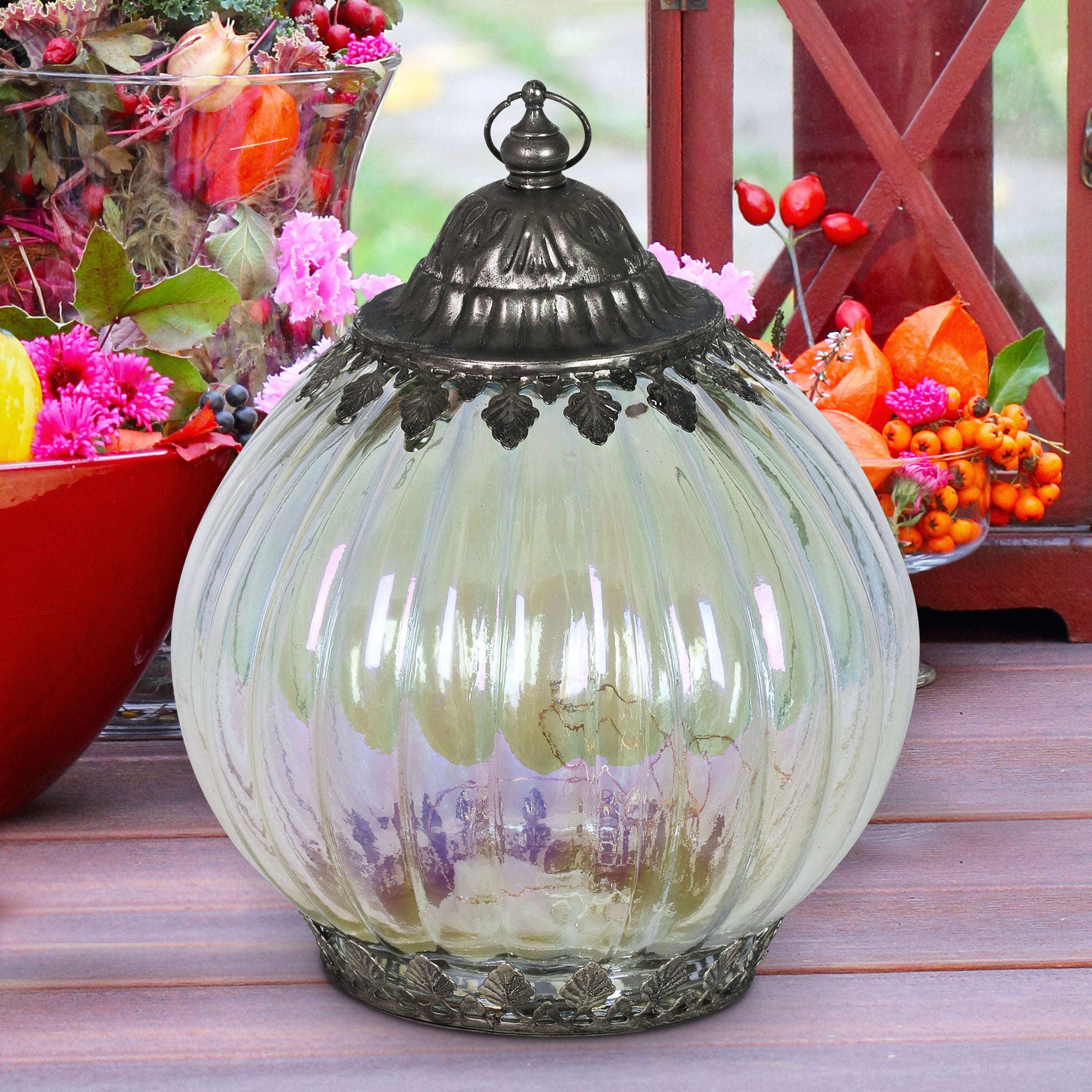 Opal Striped Glass Lantern With Timer, 8 Inch - Thumbnail 3